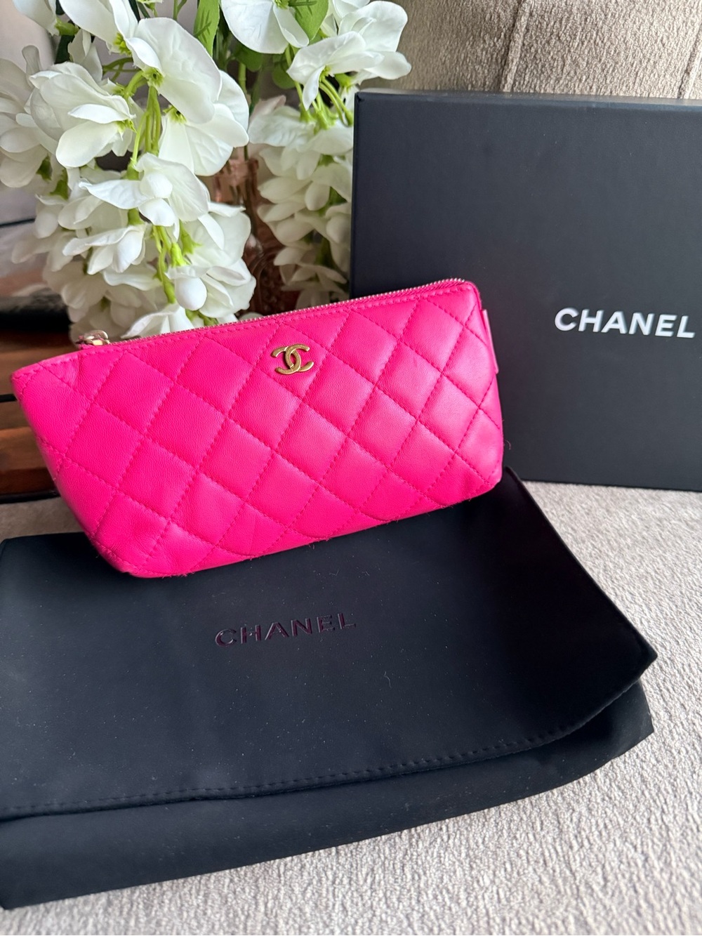 Chanel Quilted Pink Cosmetic Pouch with Gold CC Logo Full Set with COA